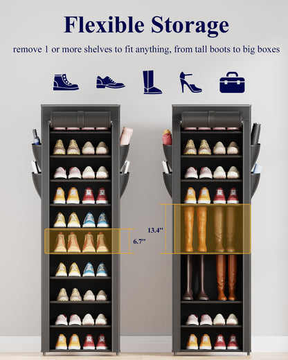 10 Tier Large Capacity Shoe Rack with Dust Cover and Side Pockets