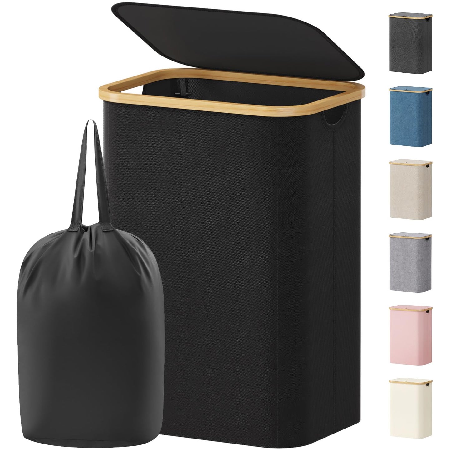 Laundry Basket Lid Bamboo Handles Foldable Hamper
