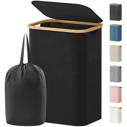 Laundry Basket Lid Bamboo Handles Foldable Hamper