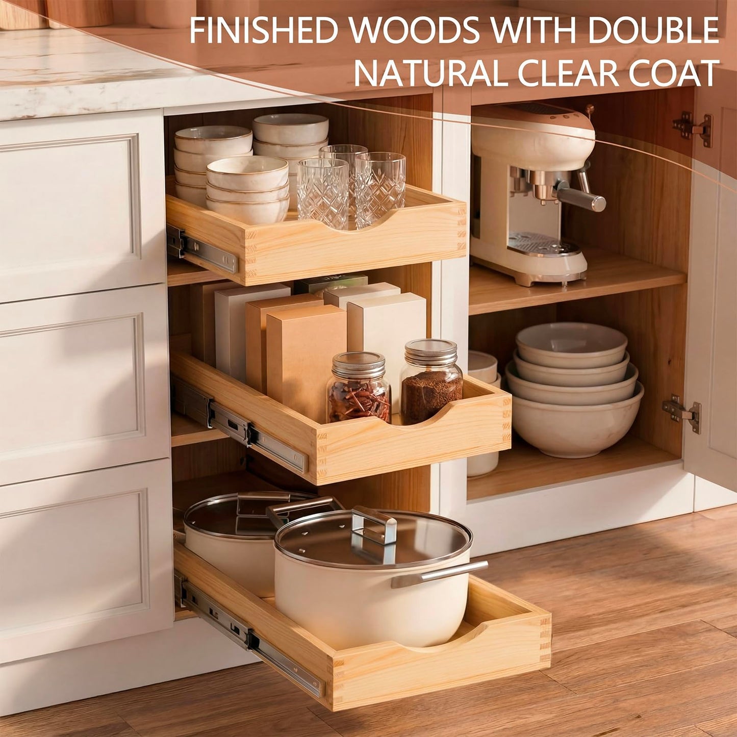Wooden Pull Out Cabinet Organizer Soft Close Slide Shelves