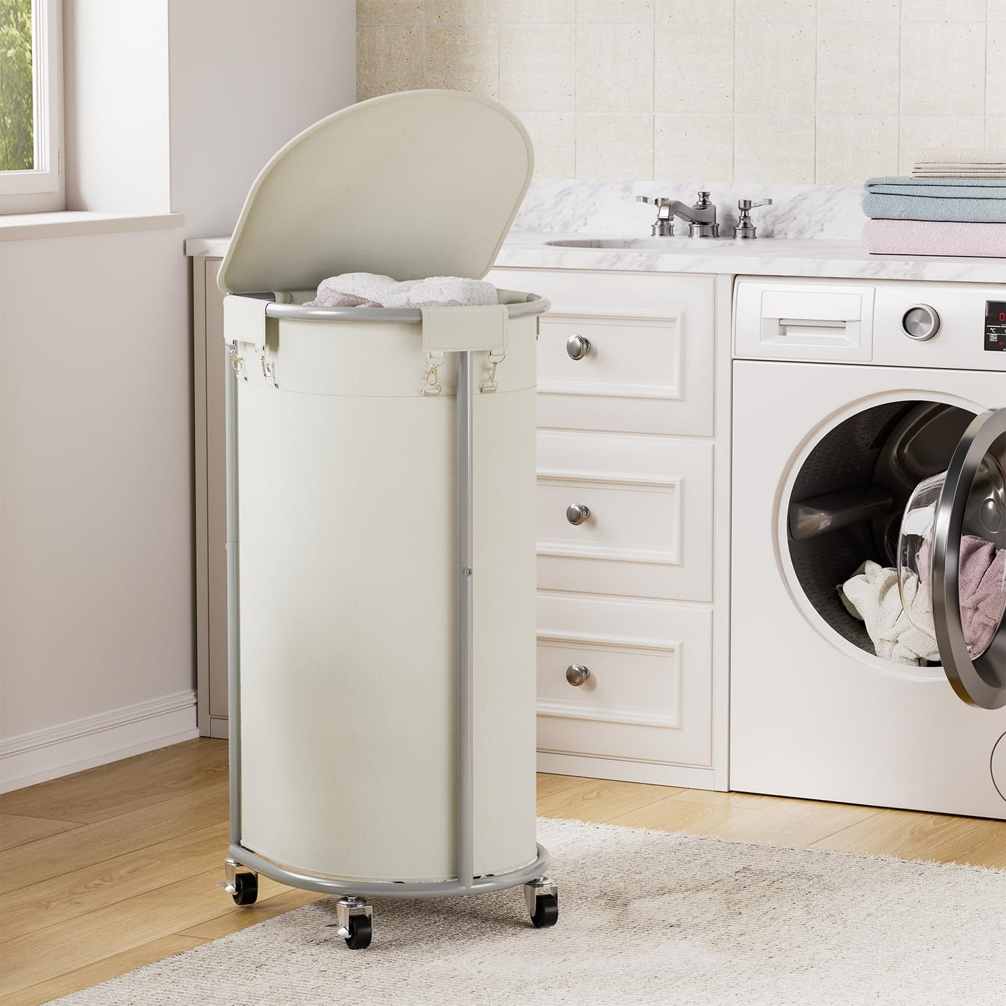 Rolling Laundry Basket with Lid Wheels Hamper Set
