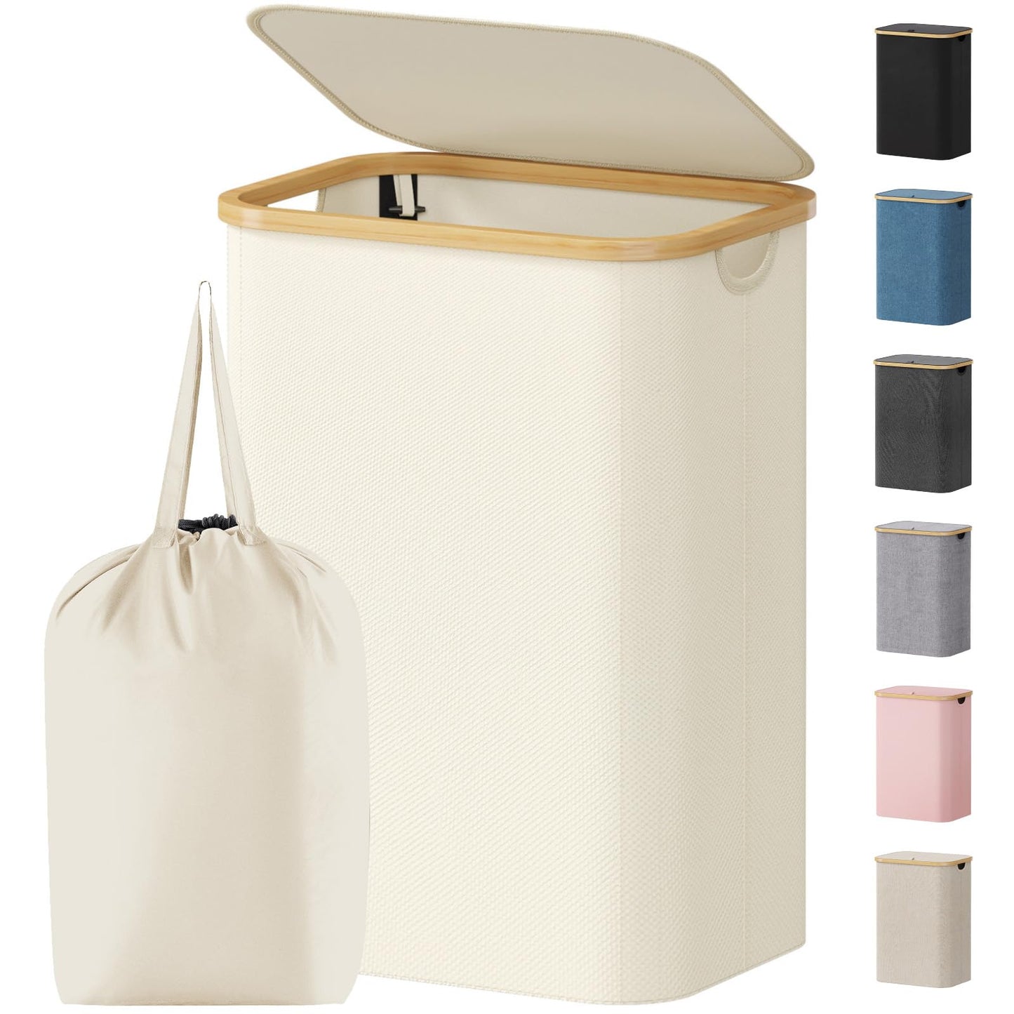 Laundry Basket Lid Bamboo Handles Foldable Hamper
