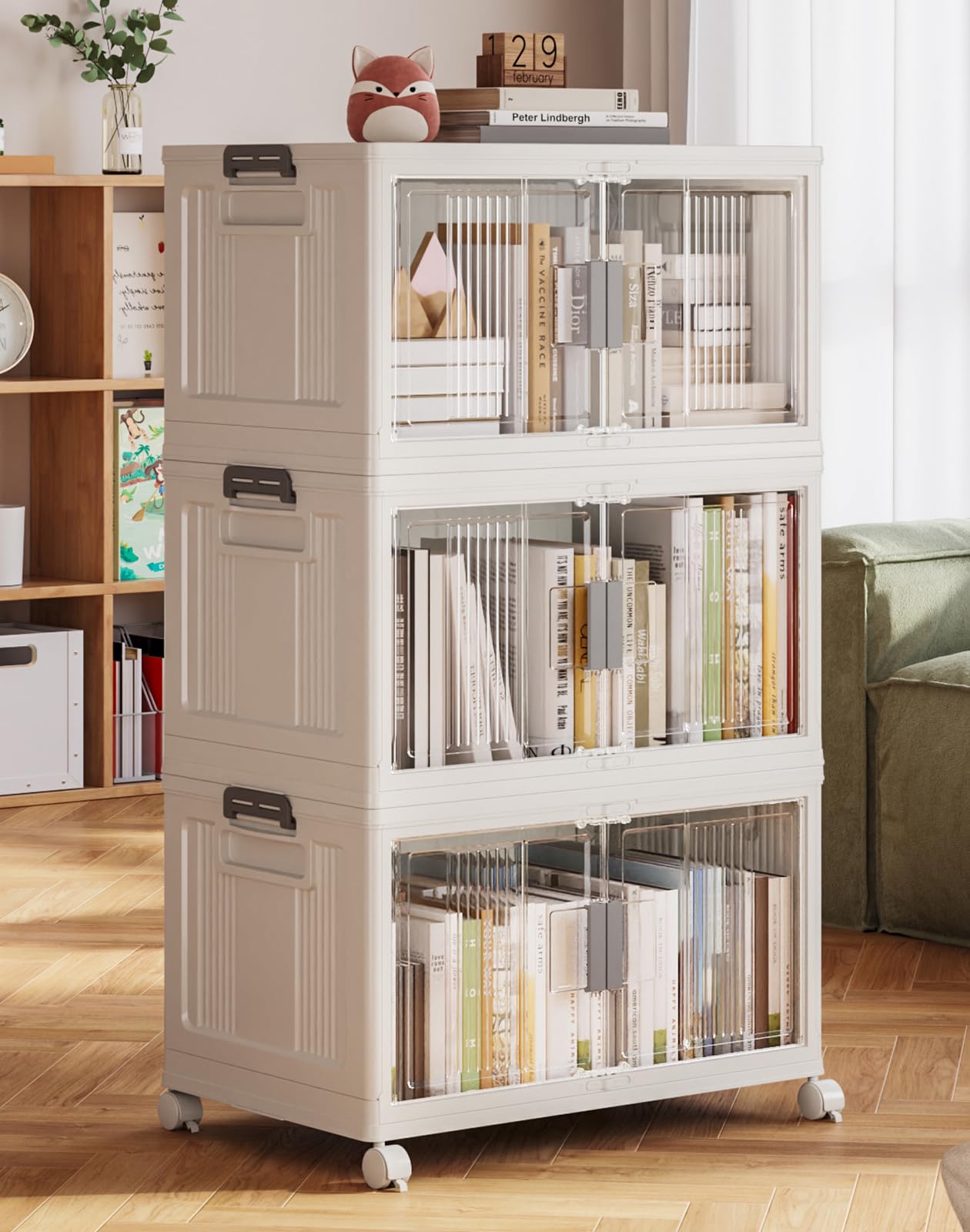Stackable Folding Storage Bins with Wheels Doors