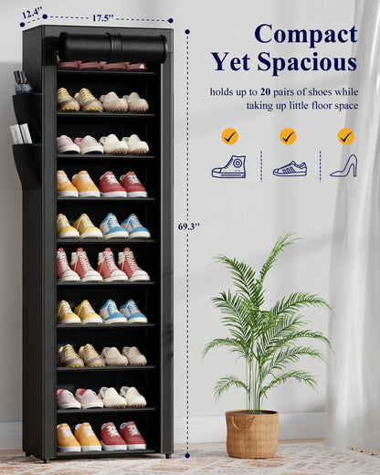 10 Tier Large Capacity Shoe Rack with Dust Cover and Side Pockets