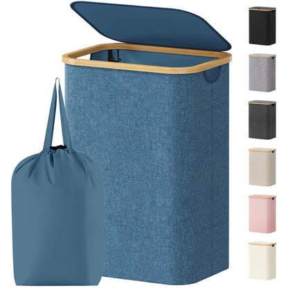 Laundry Basket Lid Bamboo Handles Foldable Hamper