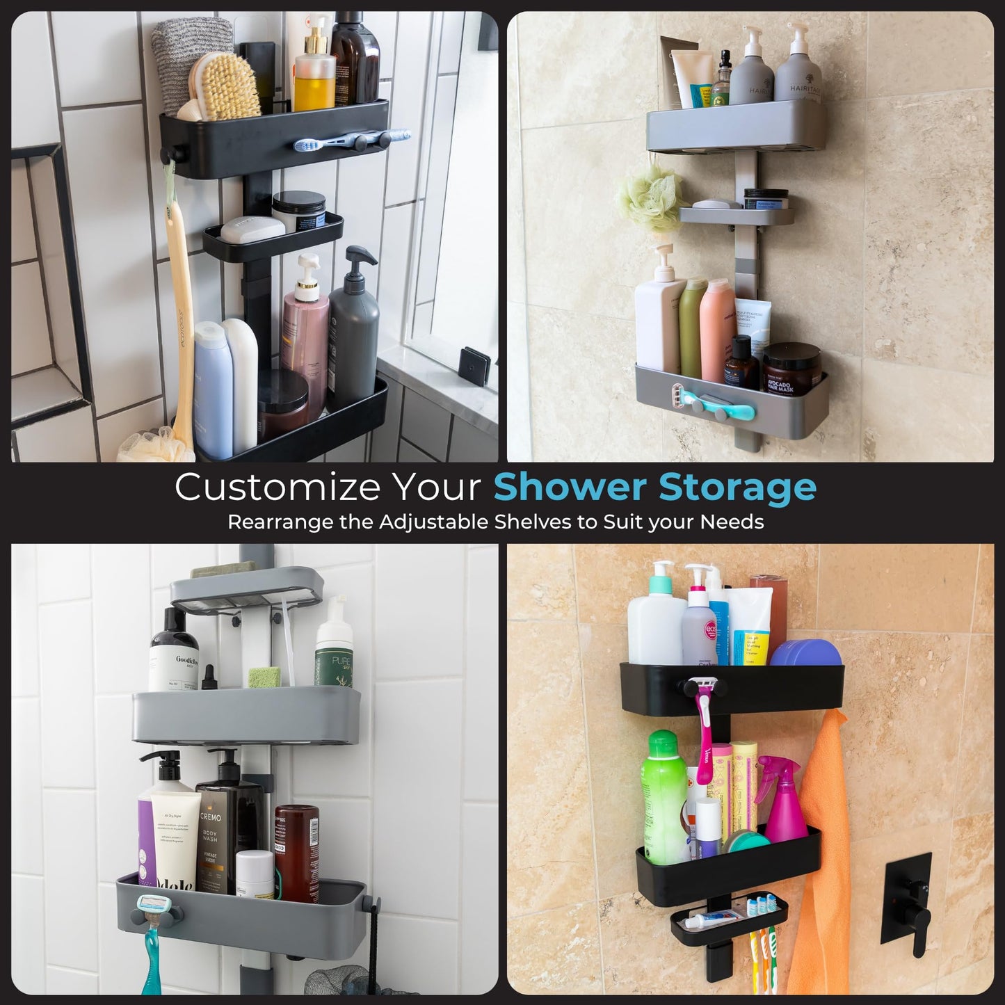 Rust Resistant Shower Caddy Adjustable Shelves Bathroom Organizer