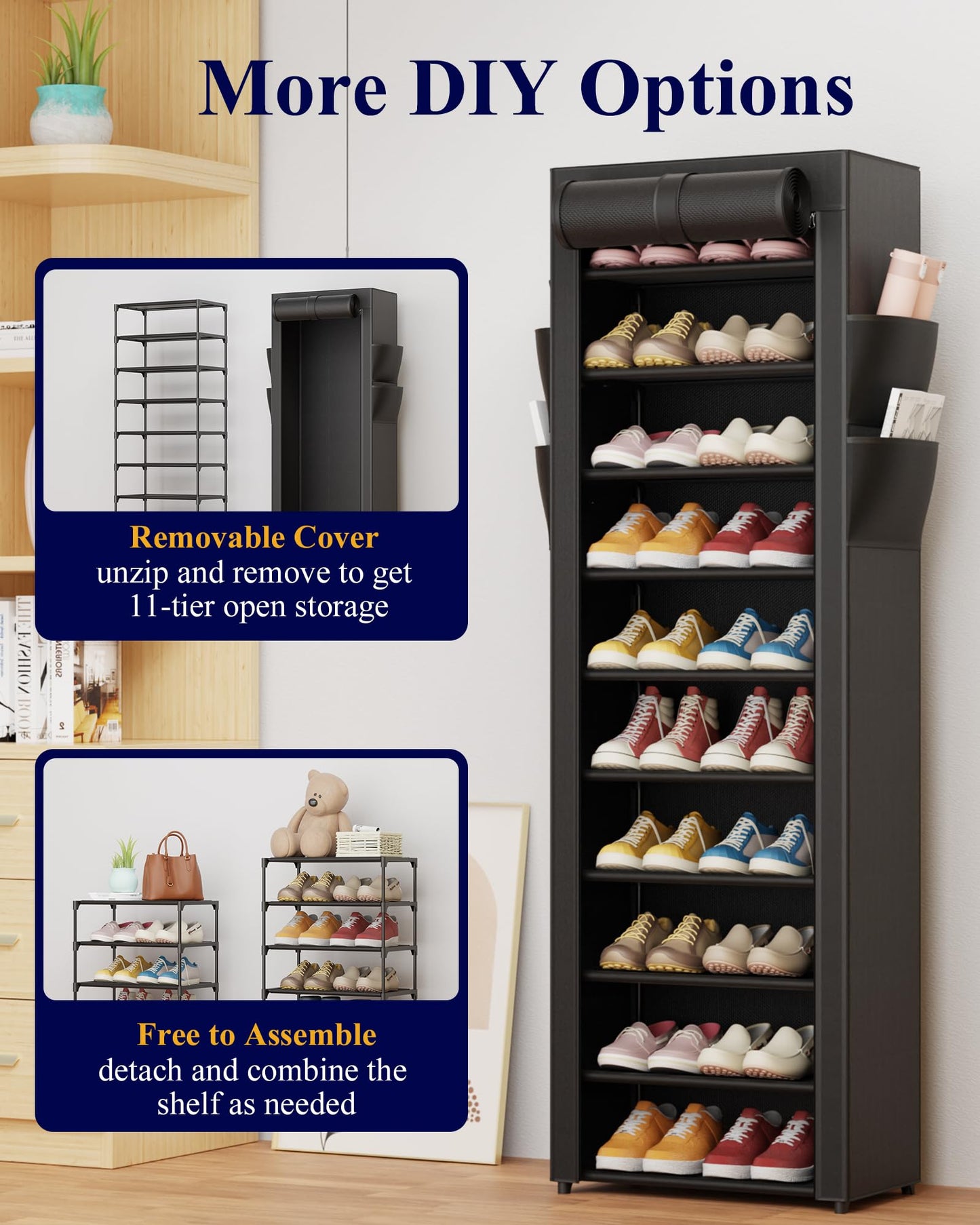 10 Tier Large Capacity Shoe Rack with Dust Cover and Side Pockets