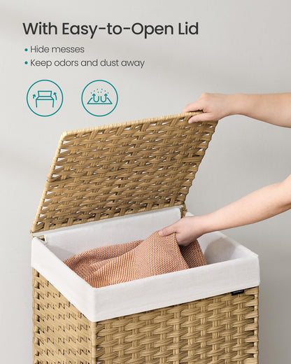 3 Section Rolling Laundry Hamper with Lid Removable Liner Basket