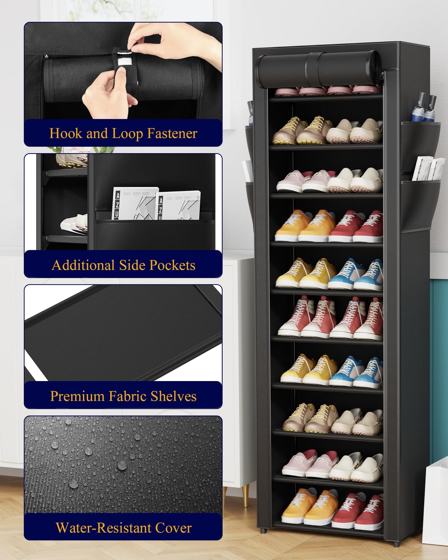 10 Tier Large Capacity Shoe Rack with Dust Cover and Side Pockets
