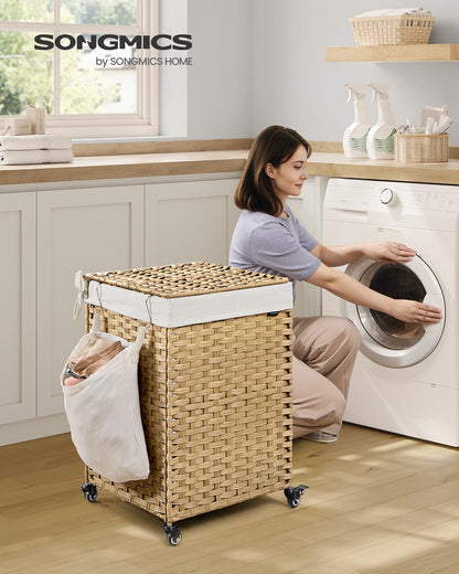 3 Section Rolling Laundry Hamper with Lid Removable Liner Basket