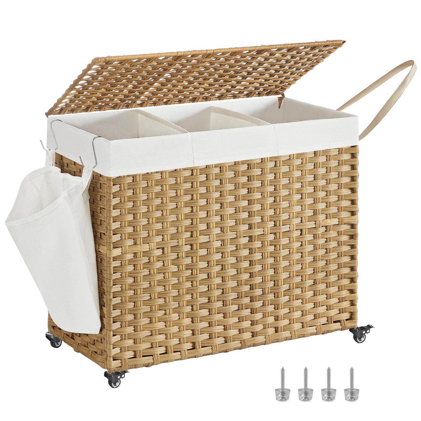 3 Section Rolling Laundry Hamper with Lid Removable Liner Basket