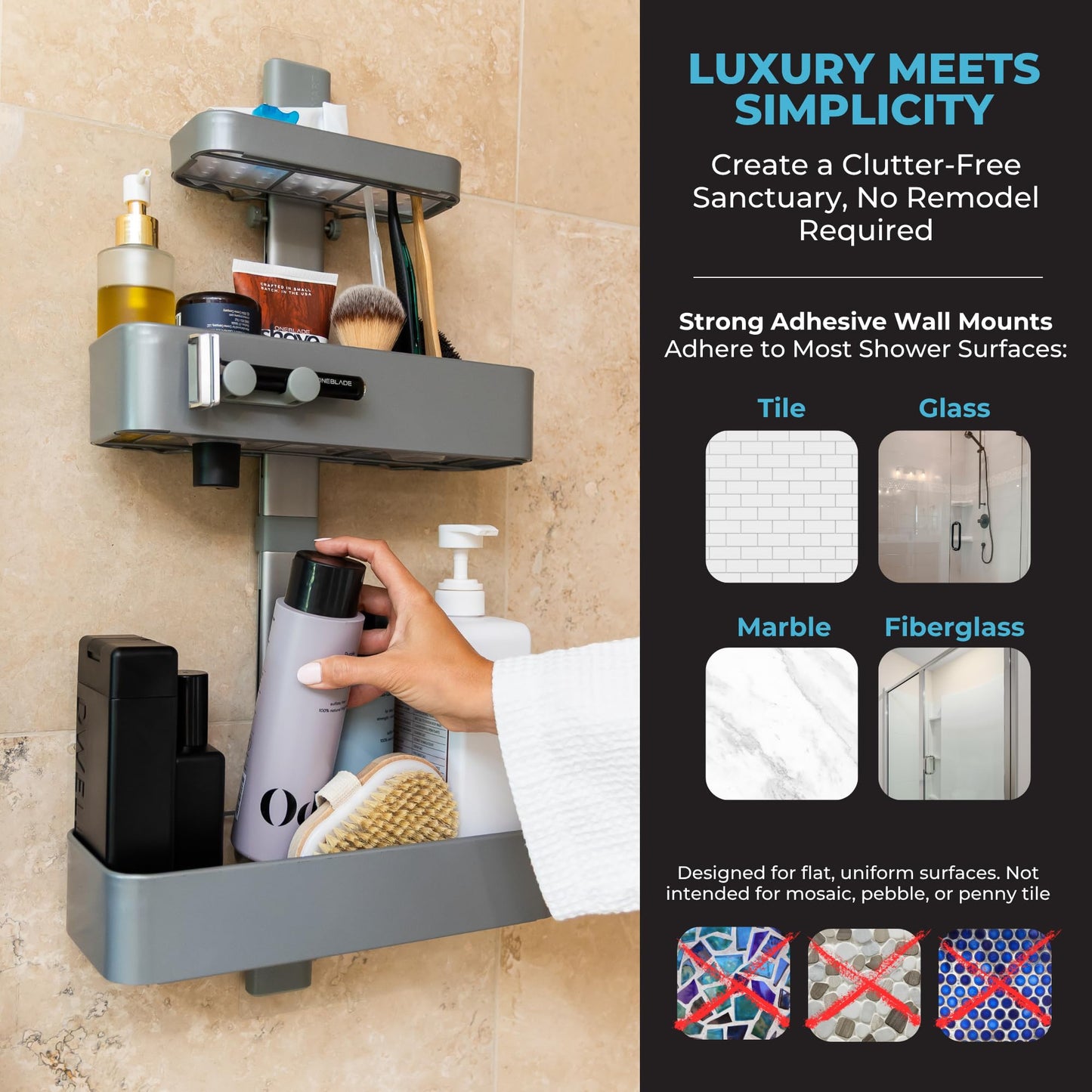 Rust Resistant Shower Caddy Adjustable Shelves Bathroom Organizer