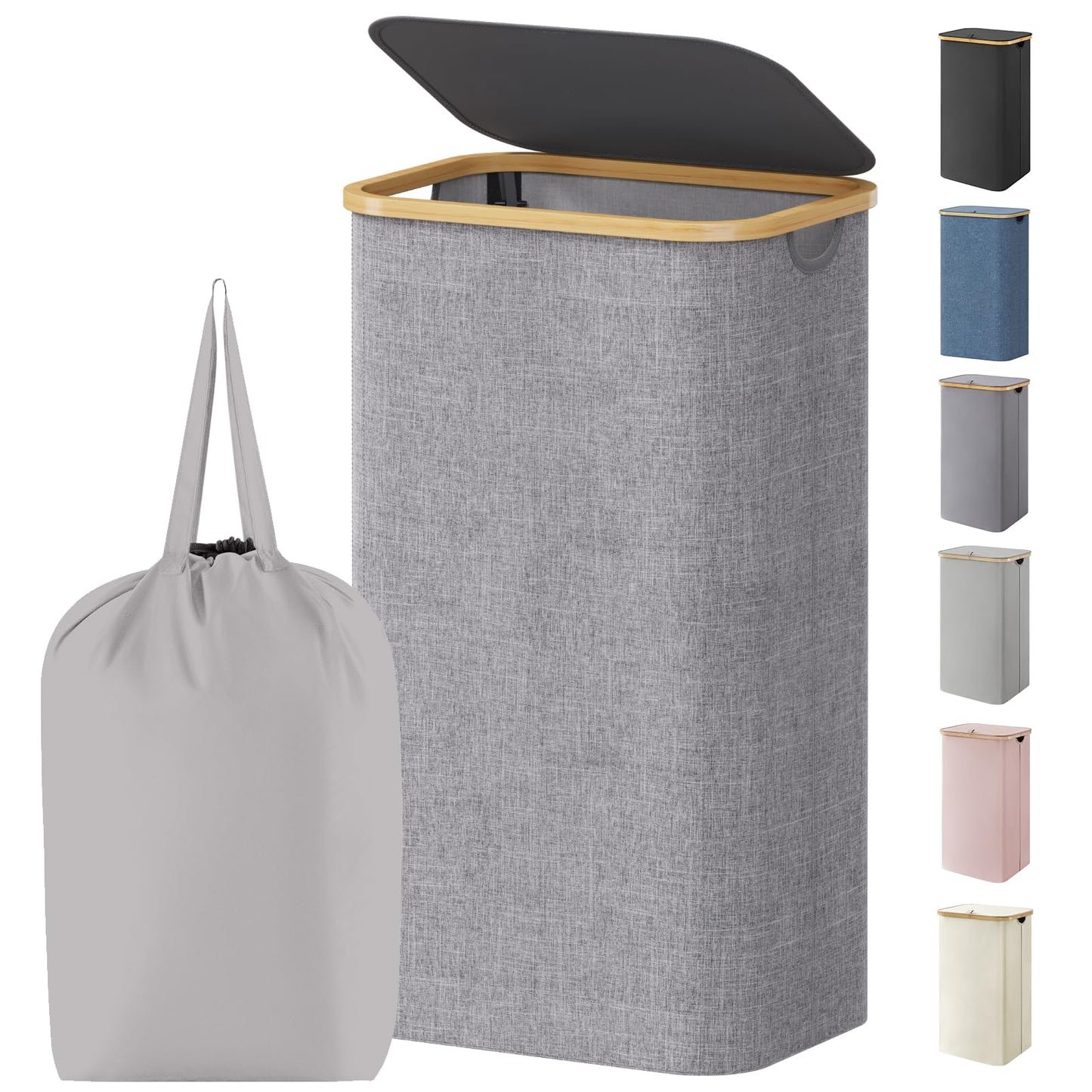 Laundry Basket Lid Bamboo Handles Foldable Hamper