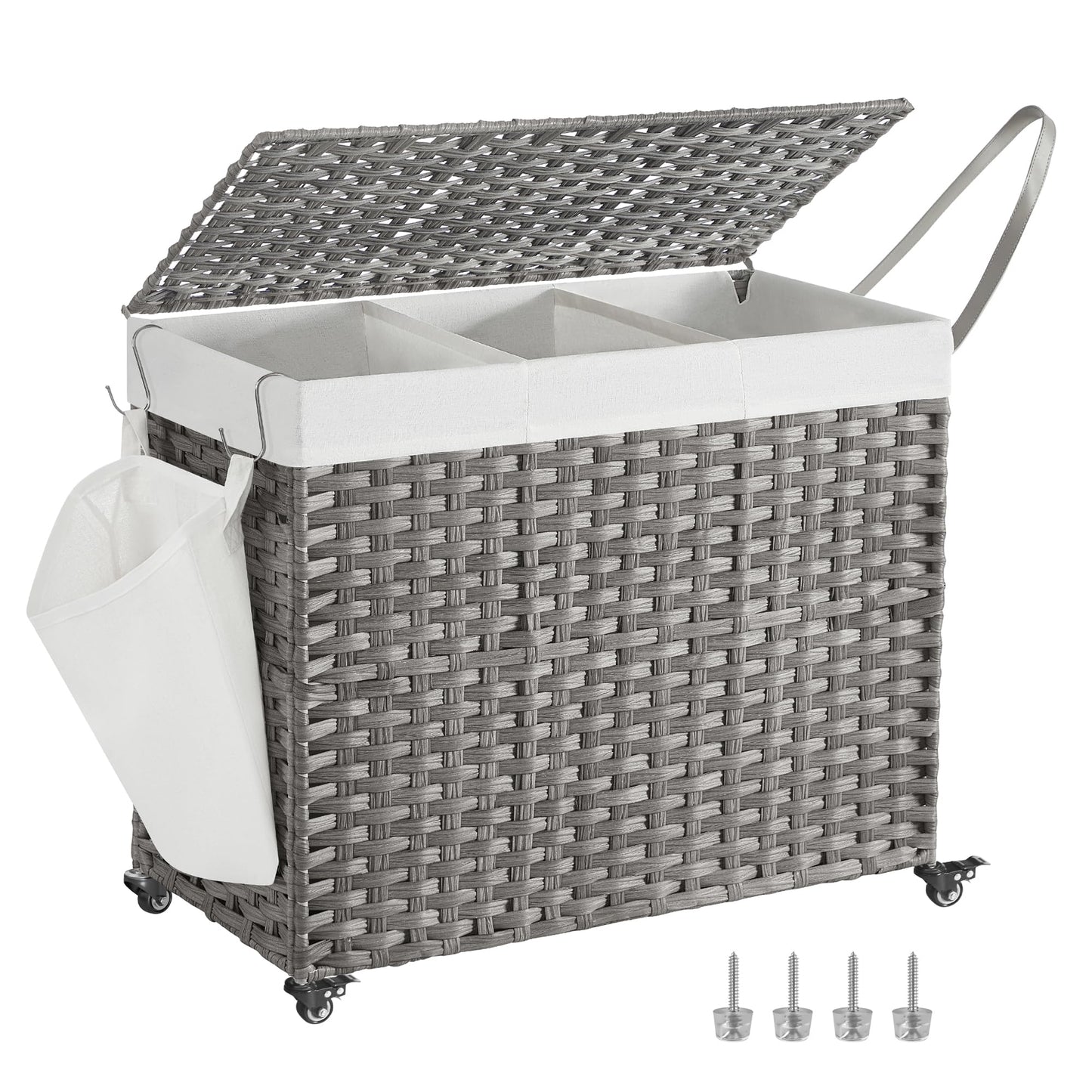 3 Section Rolling Laundry Hamper with Lid Removable Liner Basket