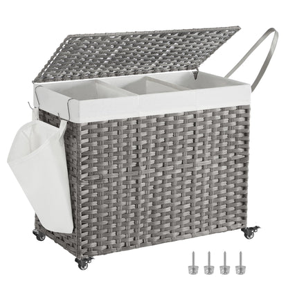 3 Section Rolling Laundry Hamper with Lid Removable Liner Basket