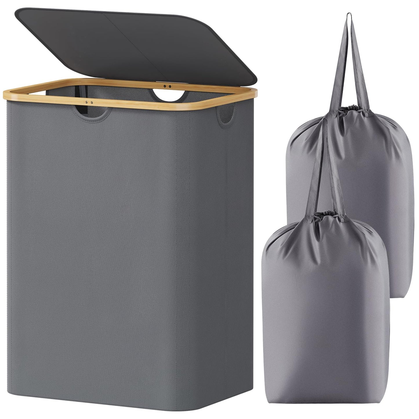 Laundry Basket Lid Bamboo Handles Foldable Hamper