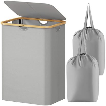 Laundry Basket Lid Bamboo Handles Foldable Hamper
