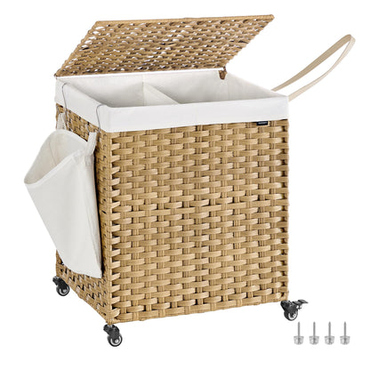 3 Section Rolling Laundry Hamper with Lid Removable Liner Basket
