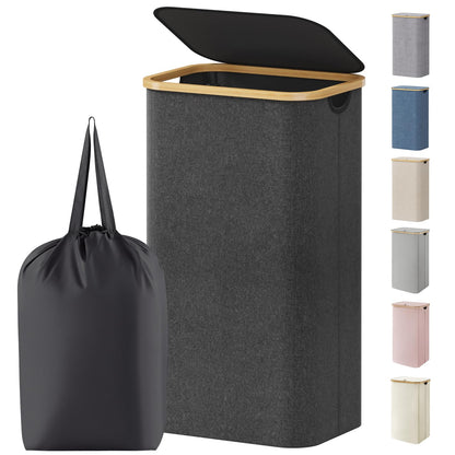 Laundry Basket Lid Bamboo Handles Foldable Hamper
