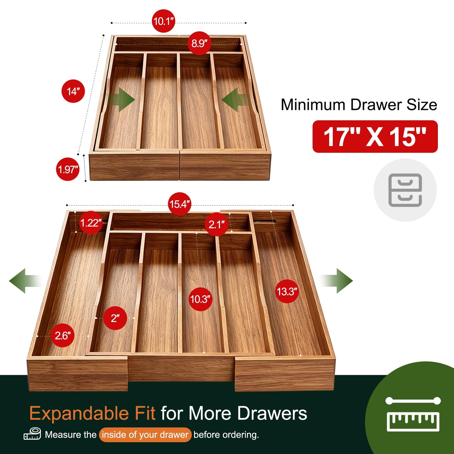 Oridom Expandable Bamboo Kitchen Drawer Organizer
