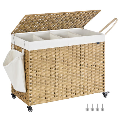 3 Section Rolling Laundry Hamper with Lid Removable Liner Basket