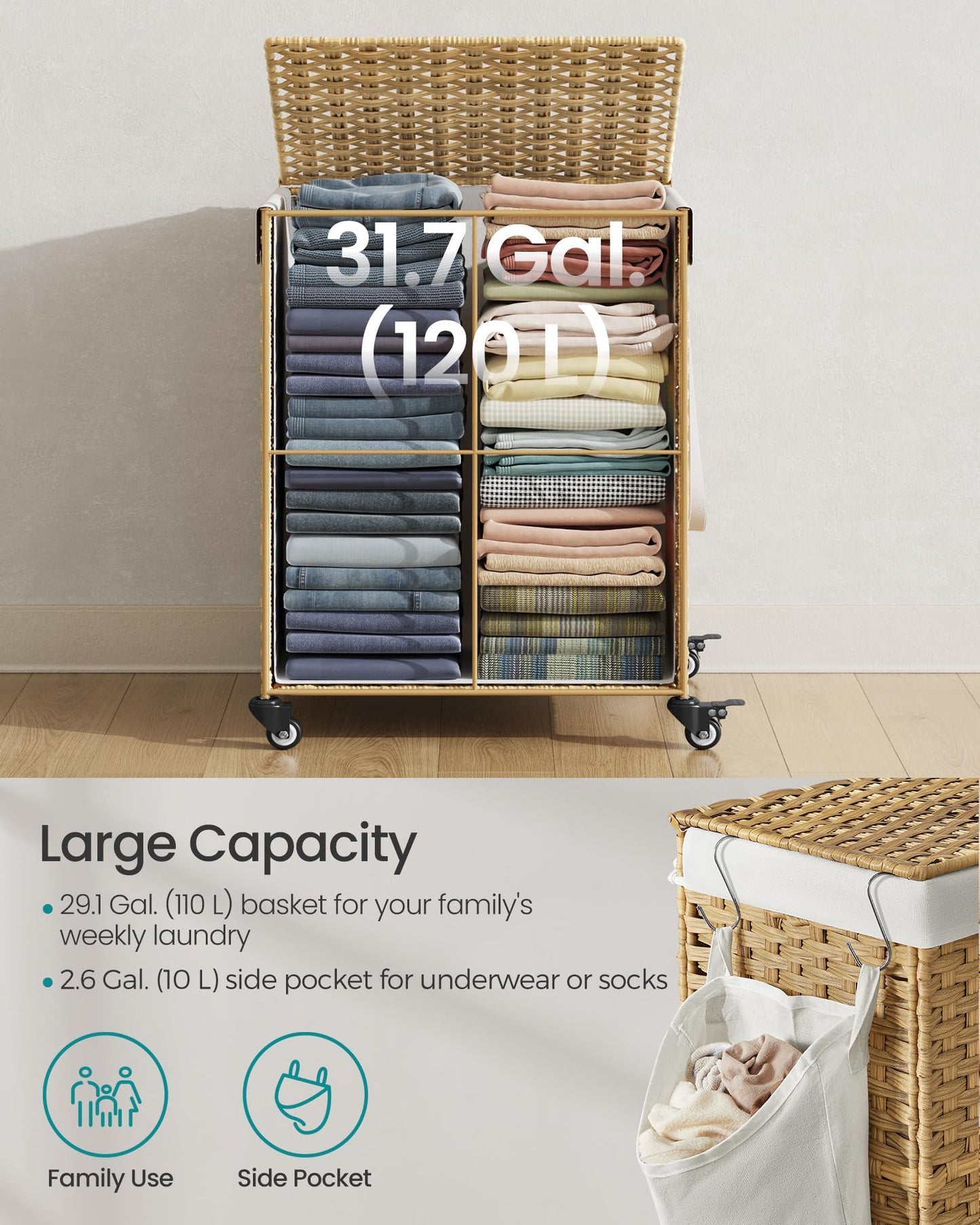 3 Section Rolling Laundry Hamper with Lid Removable Liner Basket