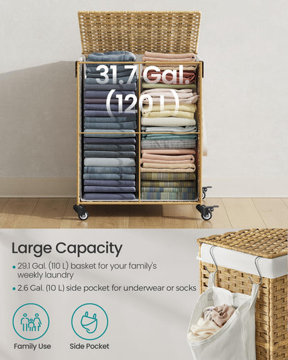 3 Section Rolling Laundry Hamper with Lid Removable Liner Basket