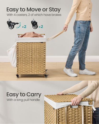 3 Section Rolling Laundry Hamper with Lid Removable Liner Basket