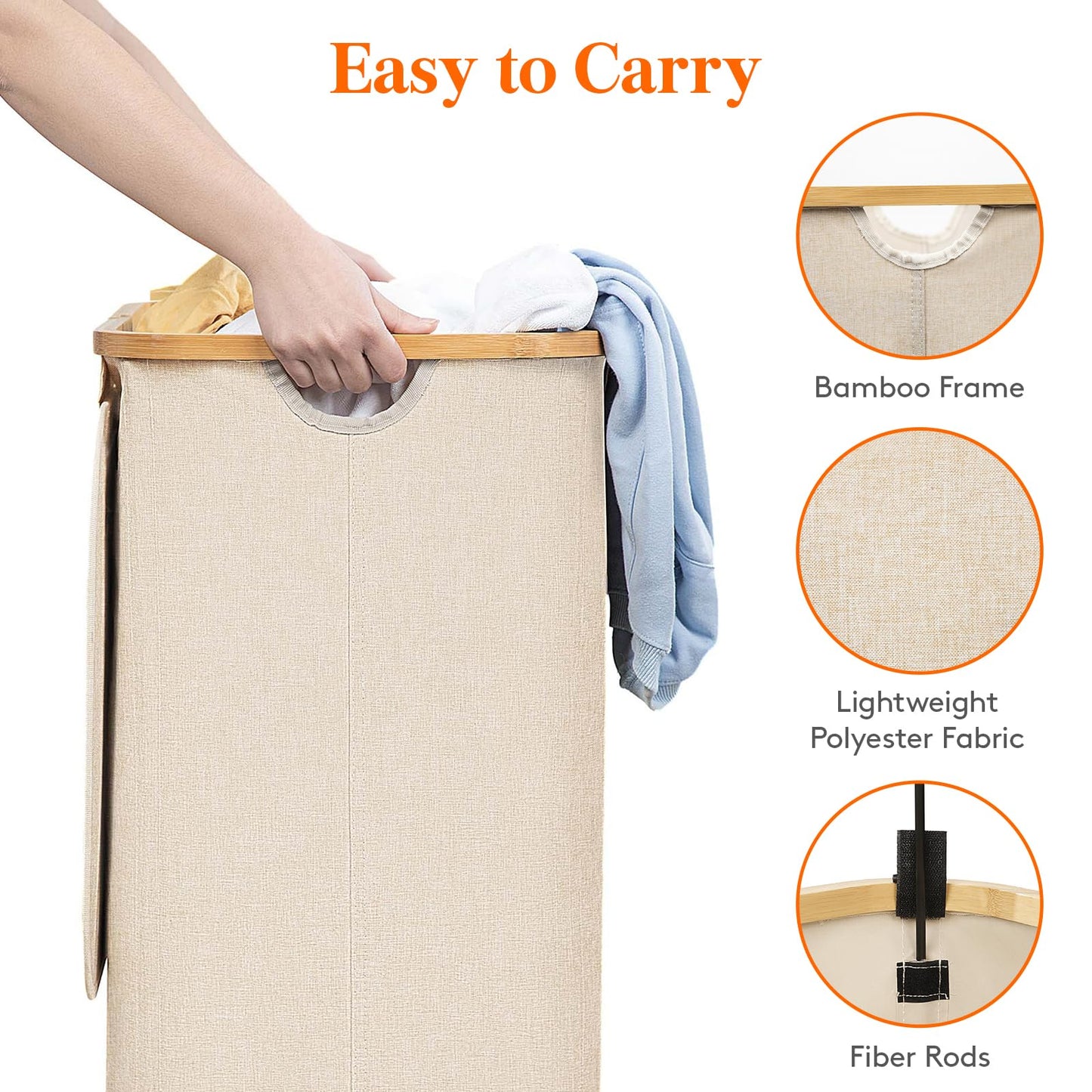 Laundry Basket Lid Bamboo Handles Foldable Hamper