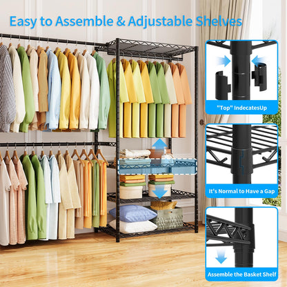 Heavy Duty Freestanding Garment Rack with Shelves Rods
