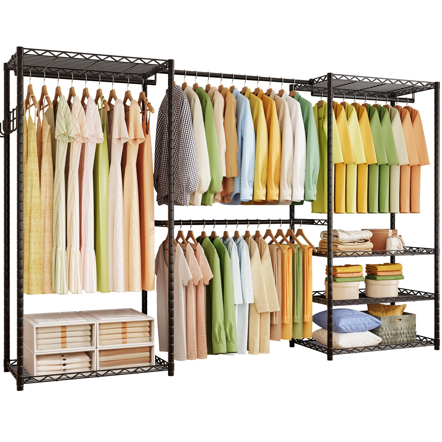 Heavy Duty Freestanding Garment Rack with Shelves Rods
