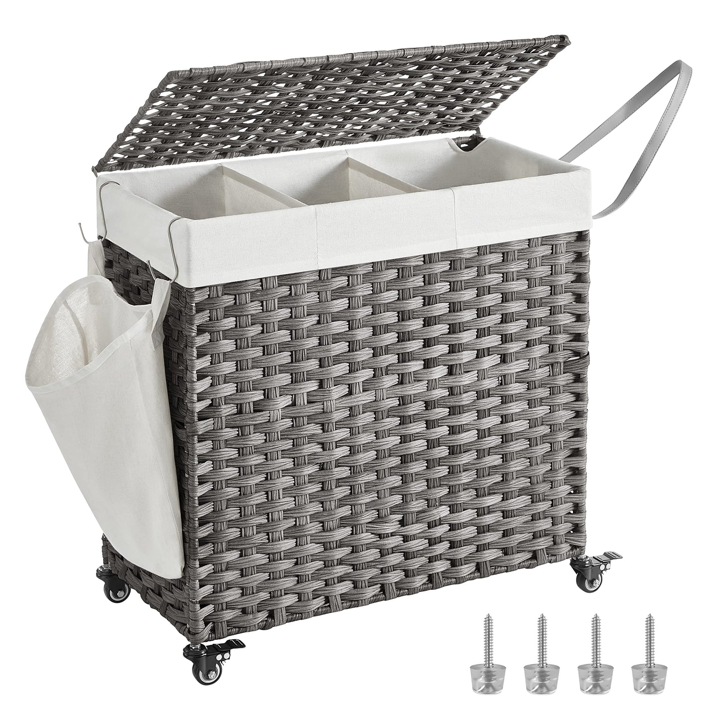 3 Section Rolling Laundry Hamper with Lid Removable Liner Basket