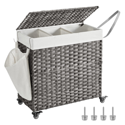 3 Section Rolling Laundry Hamper with Lid Removable Liner Basket