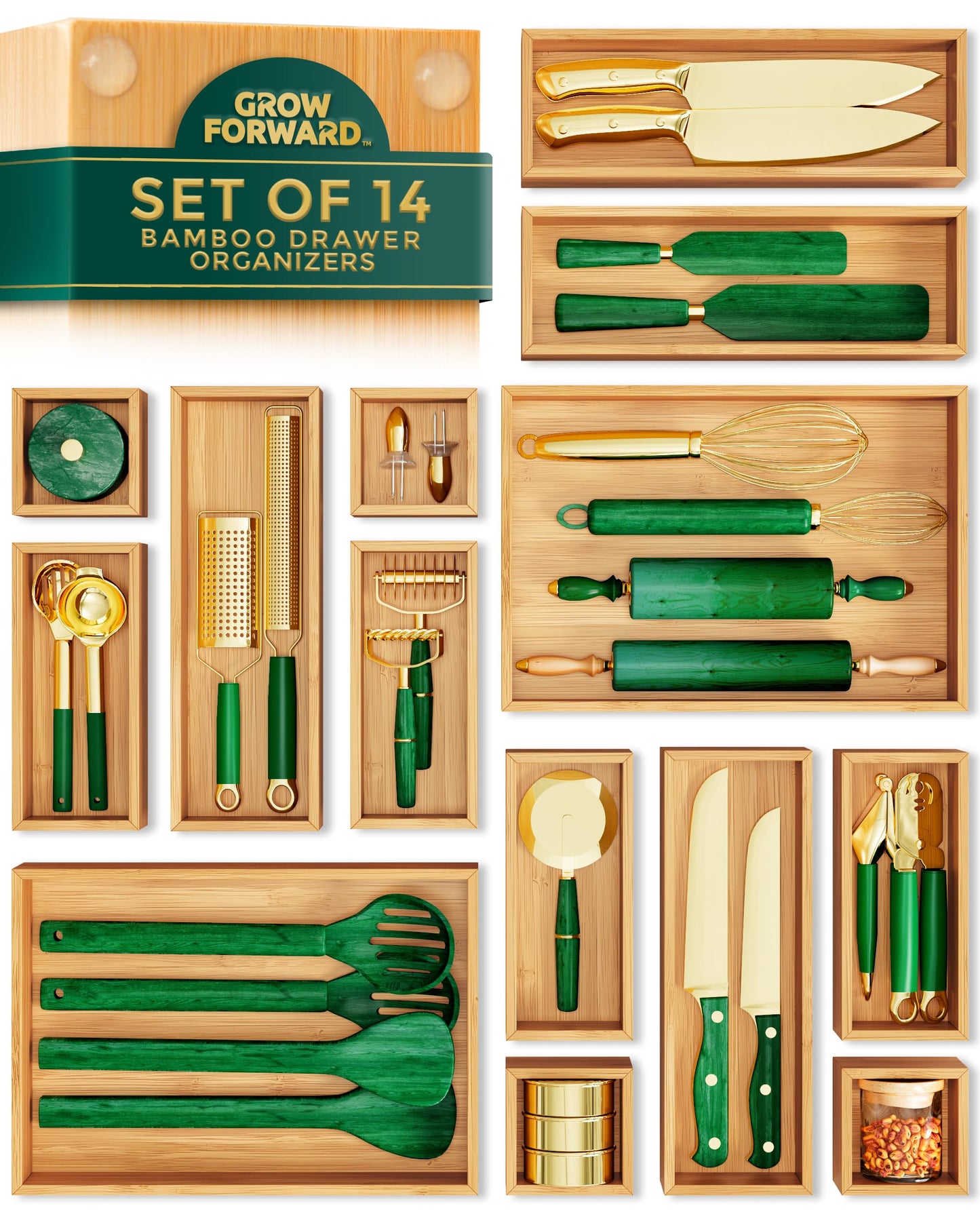 Bamboo Drawer Organizer Boxes Kitchen Bathroom Office
