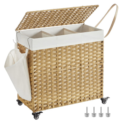 3 Section Rolling Laundry Hamper with Lid Removable Liner Basket