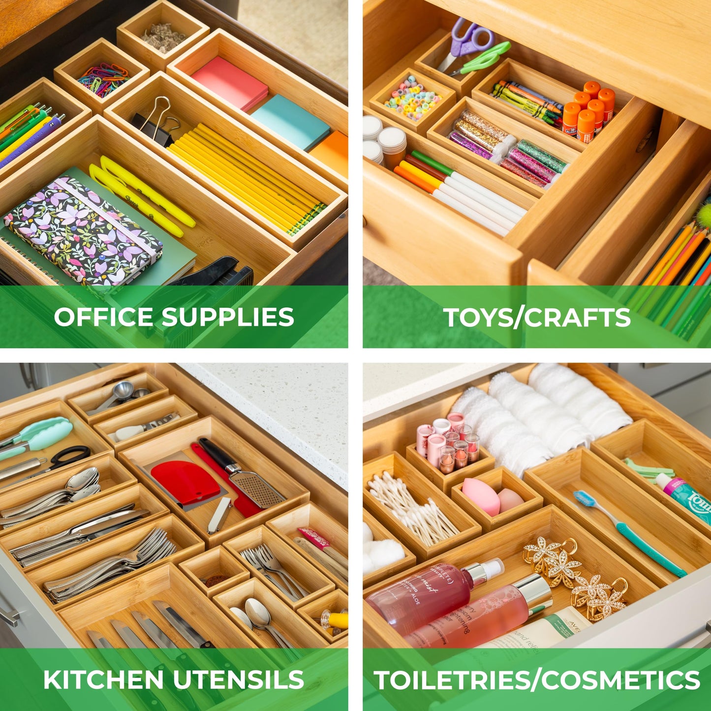 Bamboo Drawer Organizer Boxes Kitchen Bathroom Office
